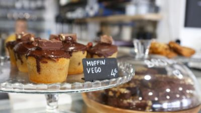 vegan cakes on a cake serving dish in french cafe