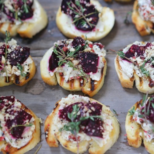 roasted beetroot cashew cheese crostini