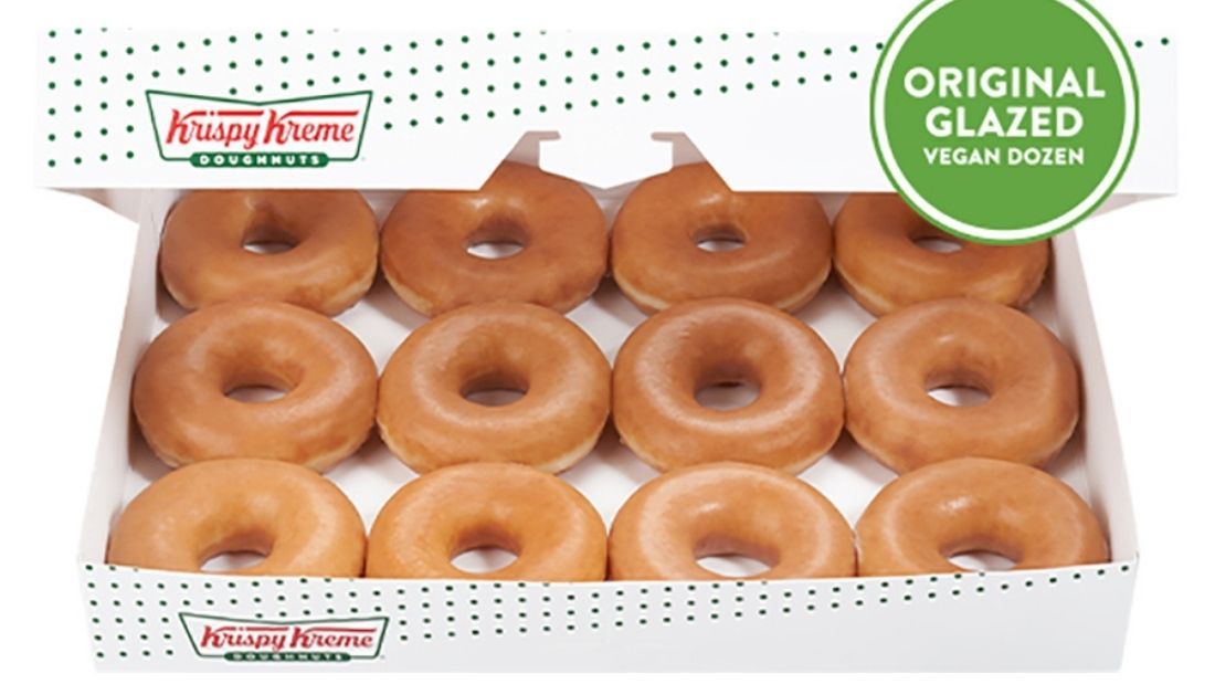 12 vegan Krispy Kreme doughnuts in box