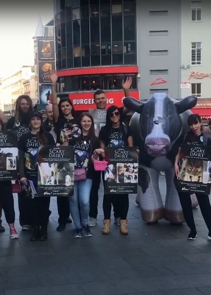 volunteers holding placards at moo free may event