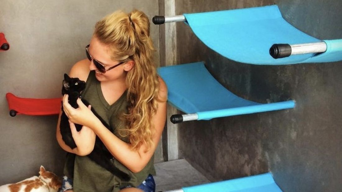 Lucy cuddling a black kitten with blue cat hammocks on the walls