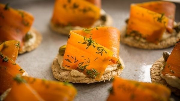 vrc Vegan Gravlax with Smokey Carrots and Almond Cream Oatcakes