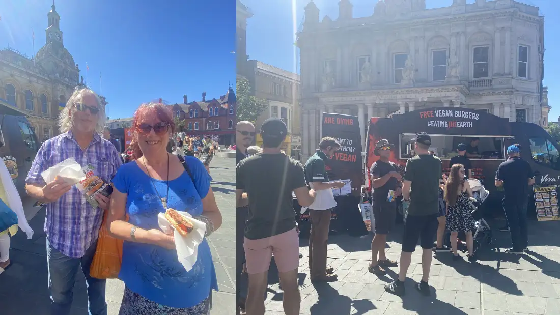 The public enjoying free vegan burgers